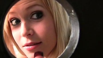 Jizz craving whore giving blowjob on gloryhole
