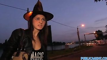Halloween witch gets banged outdoor for some money