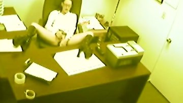 Secretary stroking slit in the office!