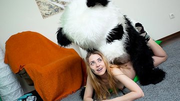 Costume party with teen woman turned to strap on pound