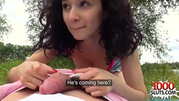 Brunette teen pussy fucked outdoor