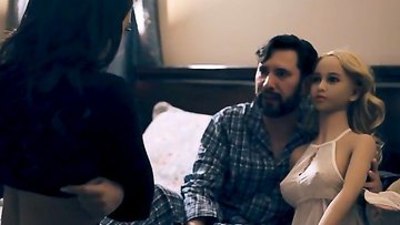 Threesome sex with a teen and a weird silicone sex doll