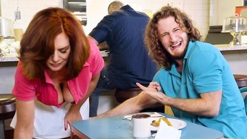 Big Boobs redhead mature waitress flashes juggs for a bigger tip