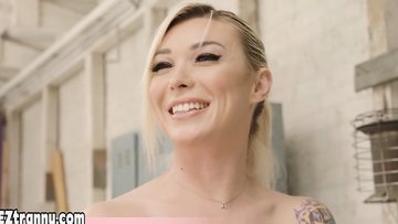 Busty tranny banging a lesbian teens shaved pussy hard