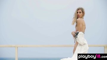 Super skinny blondie gets naked on the beach outdoor