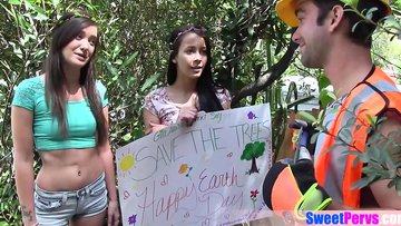 Teens saving the trees with their shaved pussies