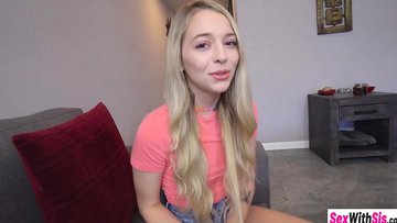 Petite stepsis Lily Larimar sucking huge hard cock before guy fucked her