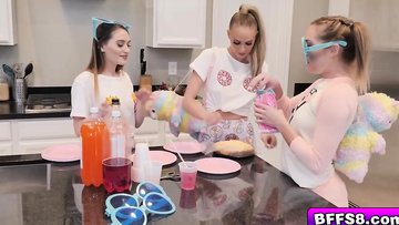 Sera, Katie and Emma ride and bounce on Davids cock one by one