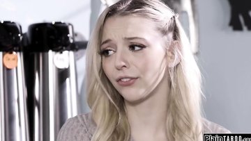 Petite blonde gets rimmed behind counter