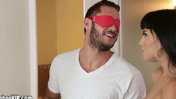 Latina MILF wife riding on blindfolded hubbys big dick