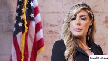 Blonde bodyguard licks big tits boss vagina