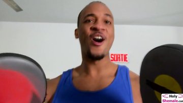 Big Boobs ladyboy boxer Evie Envy suck n barebacked by ebony dude