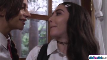 Slim coed makes her move and licks her substantial juggs classmate