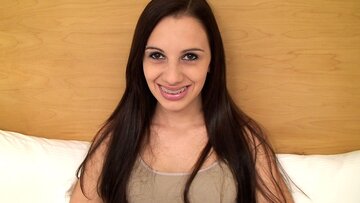 This tiny teen is 18 with braces sucking cock