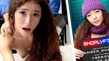 Skinny thief teen Amber Summer stole makeup but took busted by an aged mall cop