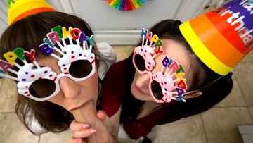 Birthday blow party with wet MAMA stepmother and filthy teen stepsis