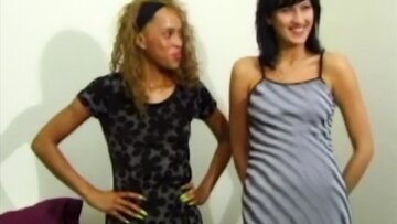 Two petite women nailed deep and strong in retro scene