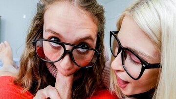 Stepbro getting his stick shared and sucked rough by two girls