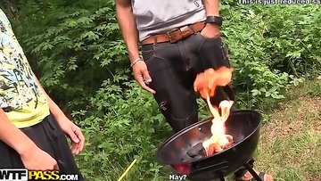 Extreme college porn threesome outdoors