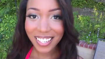 Stunning chocolate woman blows stick before being im