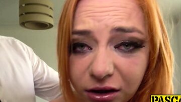 Busty Redhead Harley Morgan Gags and Takes Deep Dildo and Cock