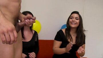 Amateur babes enjoy slobbering on big hard strippe