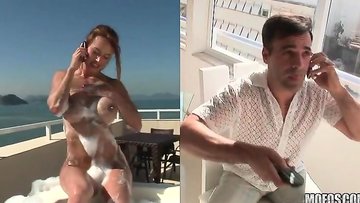 Brunette Brazilian babe all soaped up and fucked